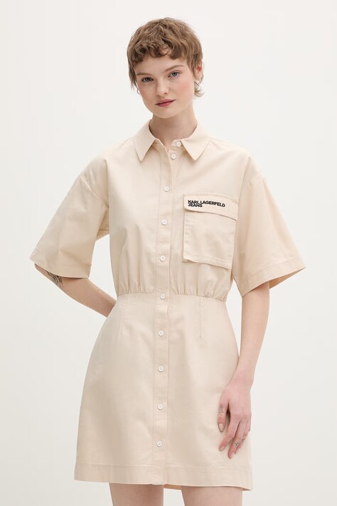 Karl Lagerfeld Jeans rochie tip cămașă din bumbac bej simplu B2W13035