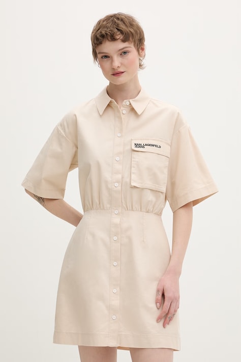 Karl Lagerfeld Jeans rochie tip cămașă din bumbac bej simplu B2W13035