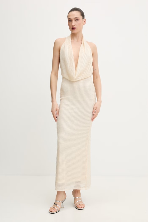 Bardot sukienka kolor beżowy maxi dopasowana 59814DB2