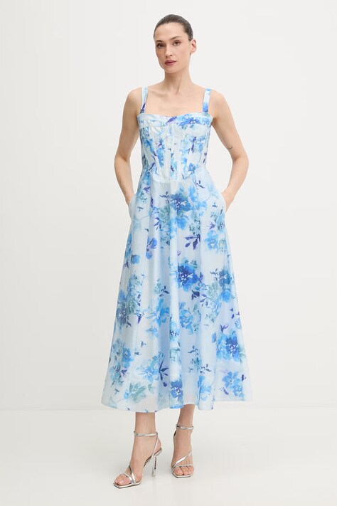 Bardot sukienka kolor niebieski midi rozkloszowana 59825DB3