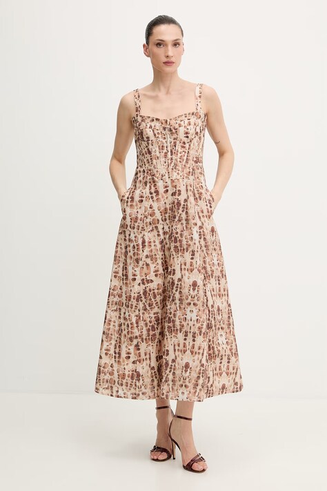 Bardot sukienka kolor beżowy midi rozkloszowana 59825DB6