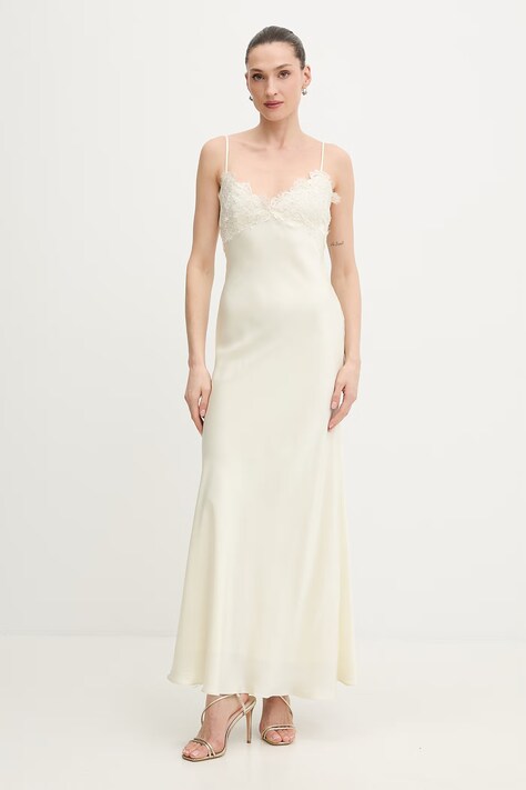 Bardot sukienka kolor beżowy maxi rozkloszowana 60228DB