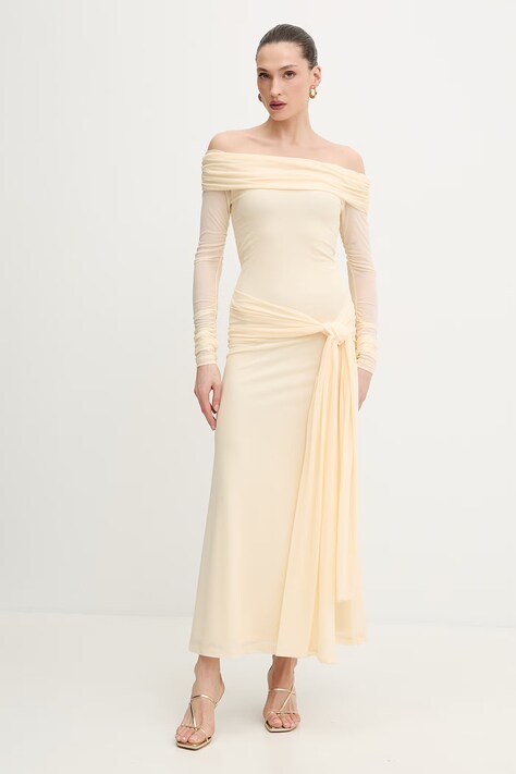 Bardot sukienka kolor beżowy maxi dopasowana 60387DB