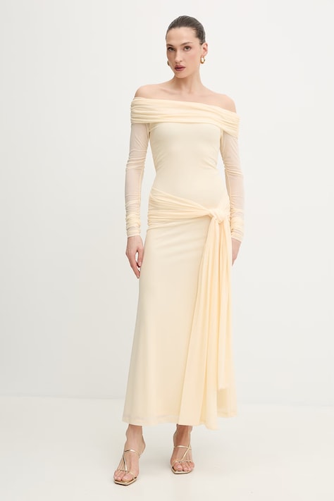 Bardot sukienka kolor beżowy maxi dopasowana 60387DB