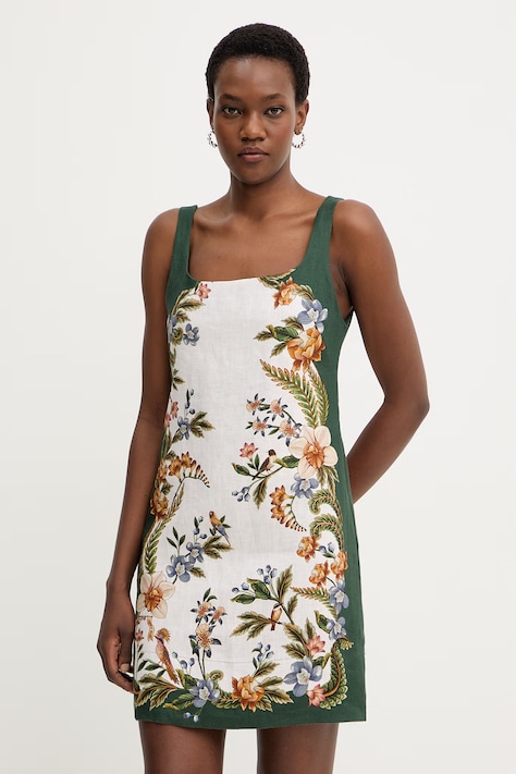 Farm Rio sukienka lniana kolor zielony mini prosta 358188