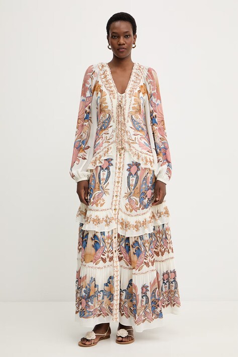 Farm Rio sukienka kolor beżowy maxi rozkloszowana 359252