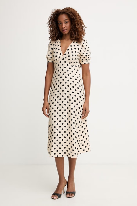 Morgan sukienka rozkloszowana z wiskozą beżowa w groszki ROVITA