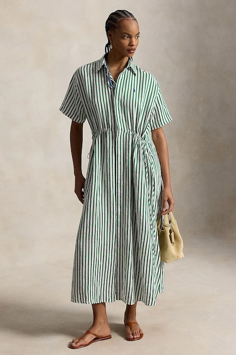 Polo Ralph Lauren sukienka koszulowa z lnem zielona w paski 211A12895