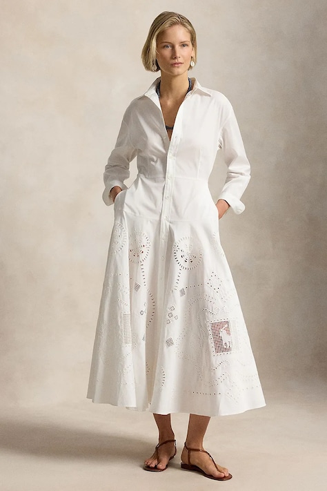 Polo Ralph Lauren sukienka rozkloszowana ażurowa biała gładka 211A12925