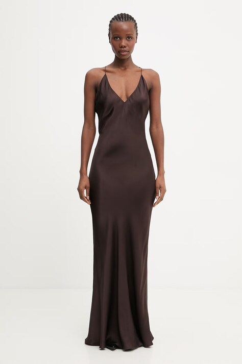 Anine Bing Laurel sukienka gładka z jedwabiem brązowa A.02.11285