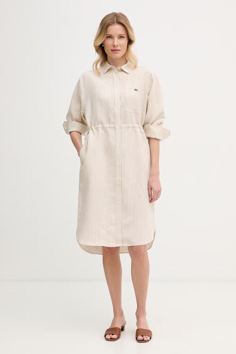 Lacoste sukienka koszulowa z lnem beżowa w paski EF7604