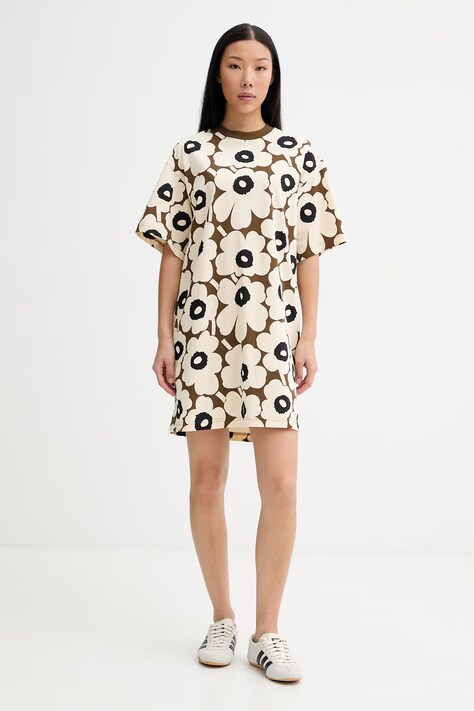 Marimekko sukienka oversize bawełniana beżowa w kwiaty 095504