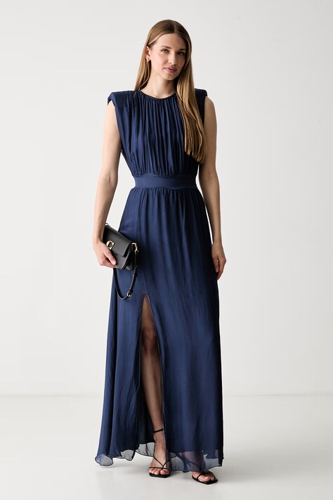 Haveone rochie cu mătase bleumarin simplă AFF-Q005