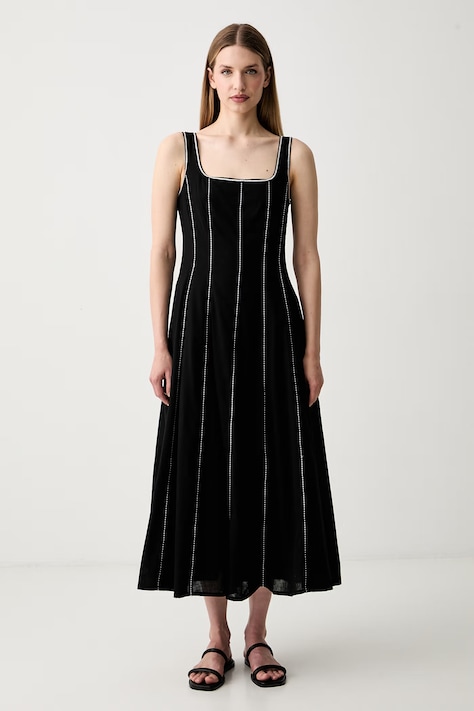 Pedro del Hierro sukienka rozkloszowana z dodatkiem lnu czarna w paski 3813587