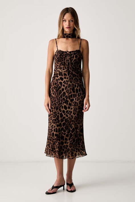 Le Privé sukienka letnia z wiskozy JANELLE CHIFFON LEOPARD brązowa w panterkę LP00763