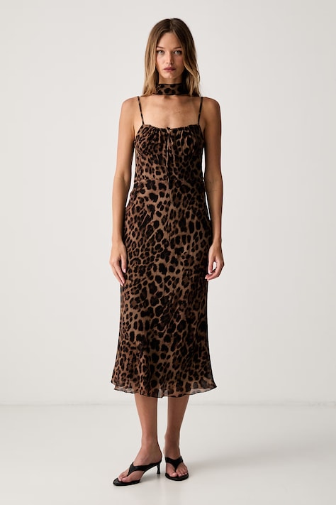 Le Privé sukienka letnia z wiskozy JANELLE CHIFFON LEOPARD brązowa w panterkę LP00763