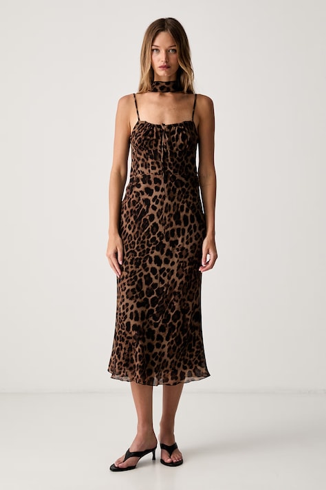Le Privé vestito d'estate in viscosa JANELLE CHIFFON LEOPARD marrone LP00763