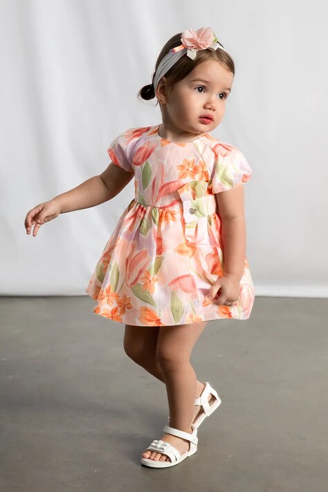 Dievčenské ľanové šaty Mayoral ružová farba, mini, áčkový strih, 1909