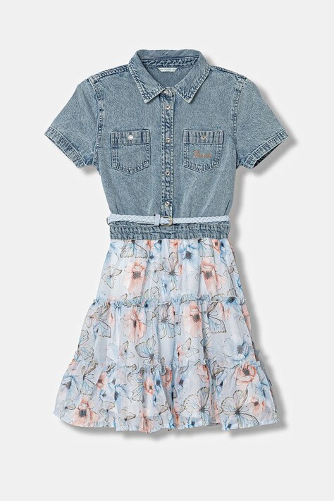Guess sukienka bawełniana dziecięca kolor niebieski midi rozkloszowana J6RK18 D4EU0