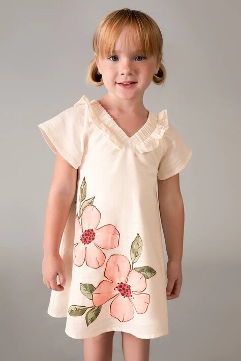 Mayoral sukienka z dodatkiem lnu dziecięca kolor beżowy mini rozkloszowana 3931