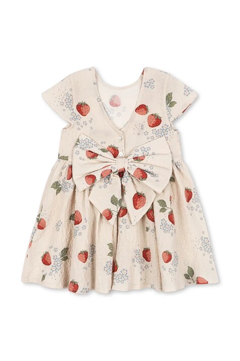 Детска памучна рокля Konges Sløjd AVA SS BOW DRESS GOTS в бежово къса разкроена KS104650