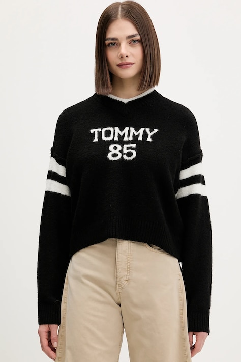 Svetr s příměsí vlny Tommy Jeans černá barva, DW0DW22033