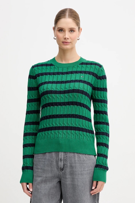 Bavlnený sveter Tommy Hilfiger zelená farba, s polorolákom, WW0WW47644