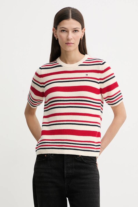 Pamučna majica Tommy Hilfiger za žene, boja: crvena, WW0WW48793