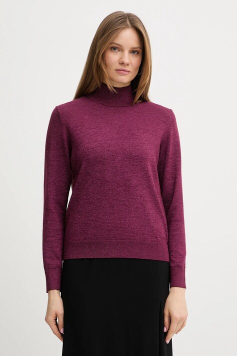 Calvin Klein sweter z dodatkiem wełny damski kolor bordowy lekki z półgolfem LV044E363G