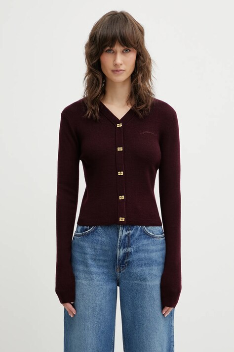 GANNI kardigan wełniany A1070117 damski kolor bordowy lekki A1070117
