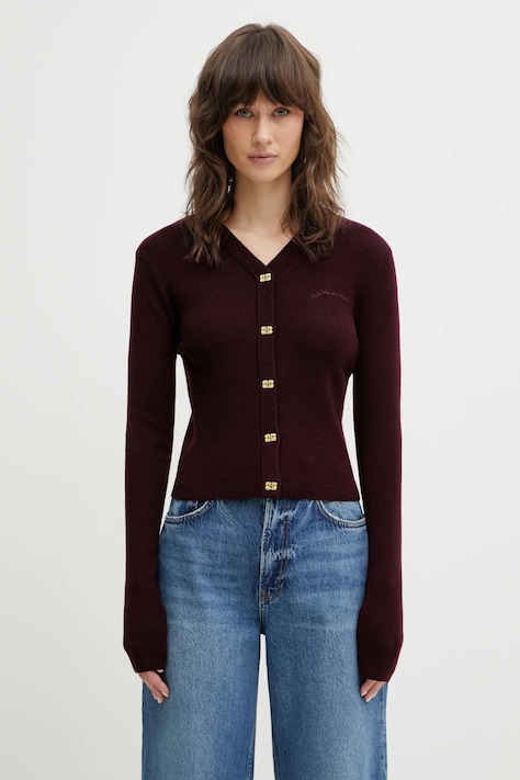 GANNI kardigan wełniany A1070117 damski kolor bordowy lekki A1070117