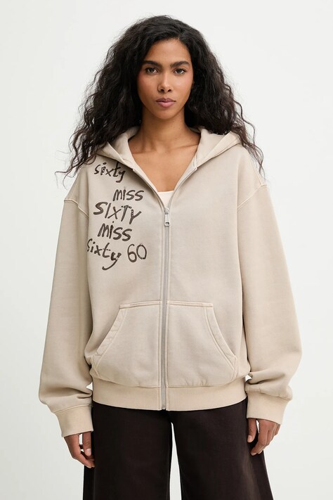 Miss Sixty bluza bawełniana damska kolor beżowy z kapturem z nadrukiem 6S4TJ19800