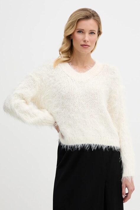 OUI sweter z dodatkiem wełny damski kolor beżowy 96106