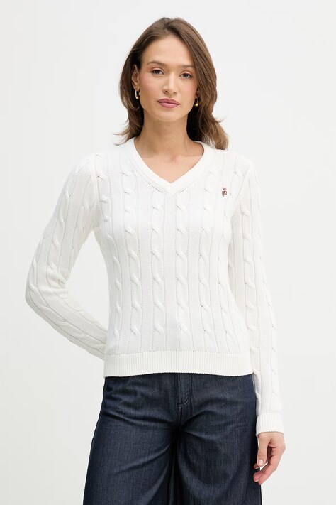 U.S. Polo Assn. sweter bawełniany V-NECK CABLE damski kolor beżowy lekki WUP0397