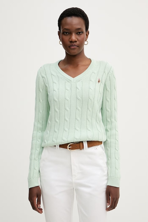 U.S. Polo Assn. sweter damski bawełniany V-NECK CABLE zielony WUP0397