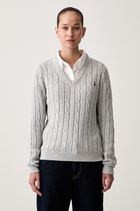 U.S. Polo Assn. sweter damski bawełniany V-NECK CABLE szary WUP0397