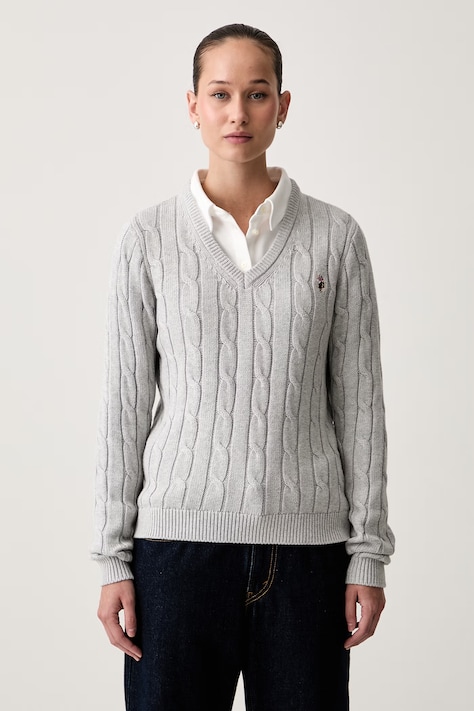 U.S. Polo Assn. sweter damski bawełniany V-NECK CABLE szary WUP0397