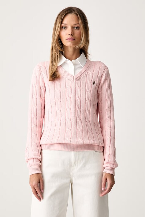 U.S. Polo Assn. sweter damski bawełniany V-NECK CABLE różowy WUP0397