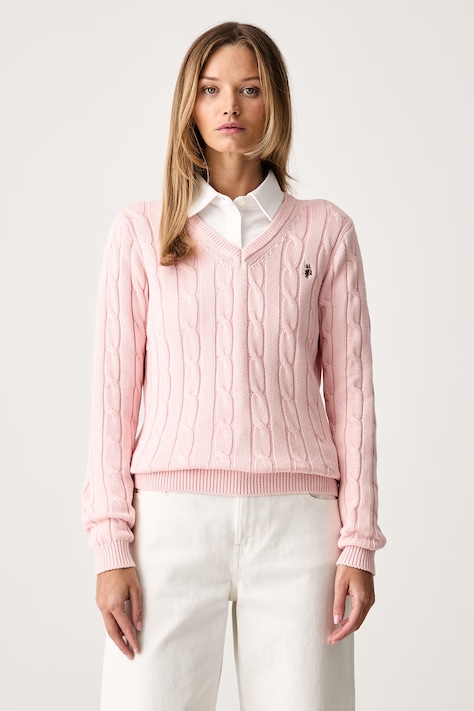 U.S. Polo Assn. sweter damski bawełniany V-NECK CABLE różowy WUP0397