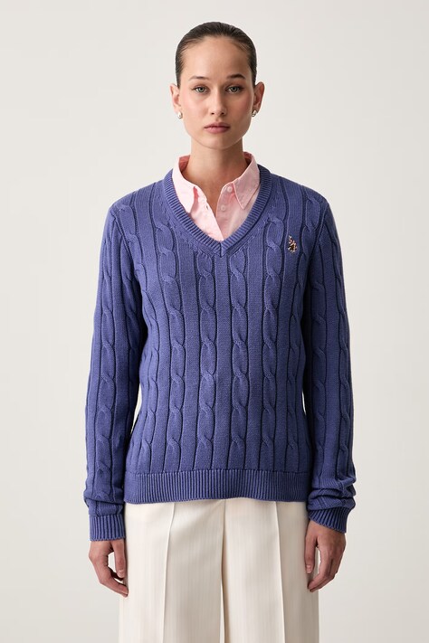 U.S. Polo Assn. sweter damski bawełniany V-NECK CABLE fioletowy WUP0397