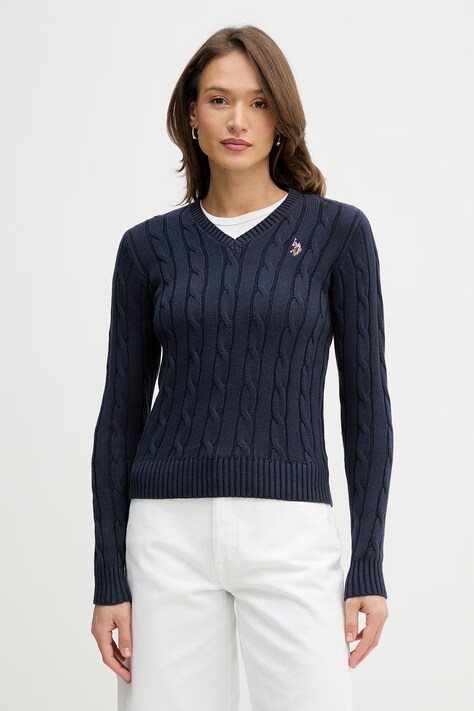 U.S. Polo Assn. sweter bawełniany V-NECK CABLE damski kolor granatowy lekki WUP0397