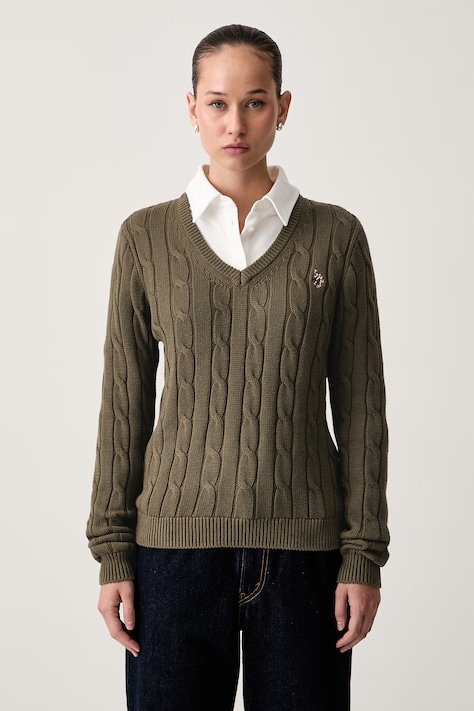 U.S. Polo Assn. sweter damski bawełniany V-NECK CABLE brązowy WUP0397