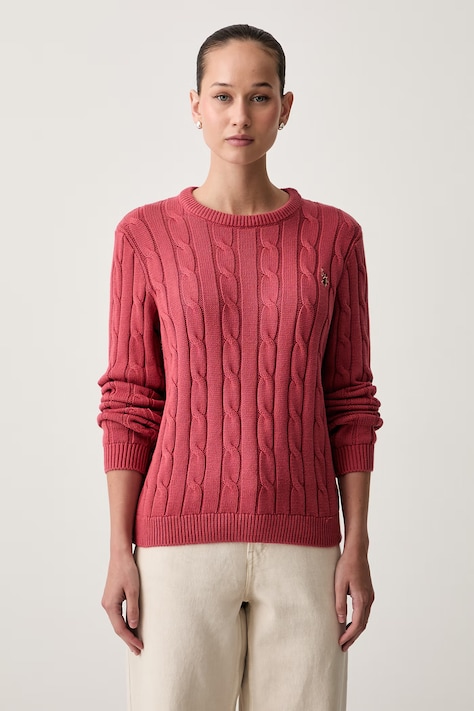 U.S. Polo Assn. sweter damski bawełniany CREW NECK CABLE czerwony WUP0398