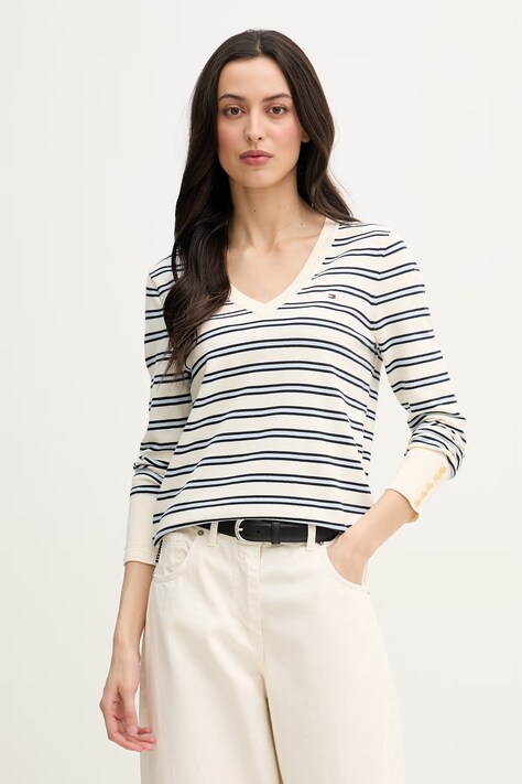 Tommy Hilfiger pulover ženski z bombažem bež WW0WW40098