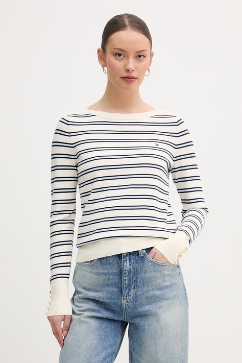 Tommy Hilfiger пуловер дамски с памук бежов WW0WW40099