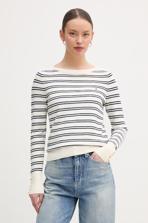 Tommy Hilfiger пуловер дамски с памук бежов WW0WW40099