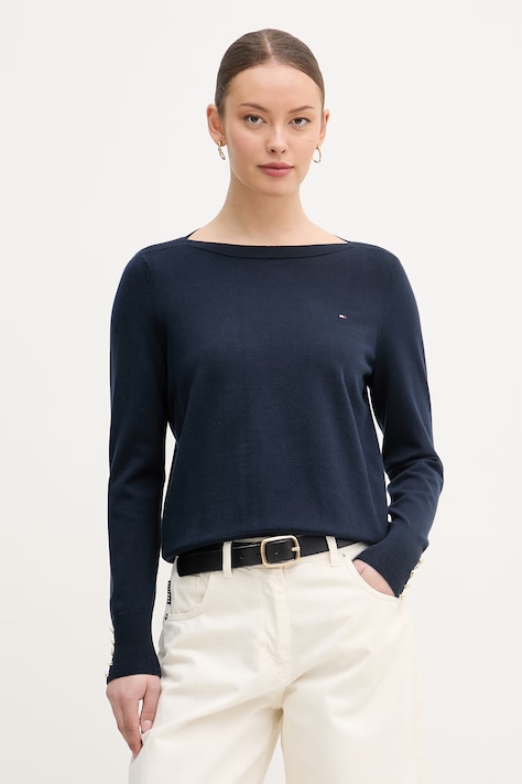 Tommy Hilfiger пуловер дамски с памук тъмносин WW0WW40099