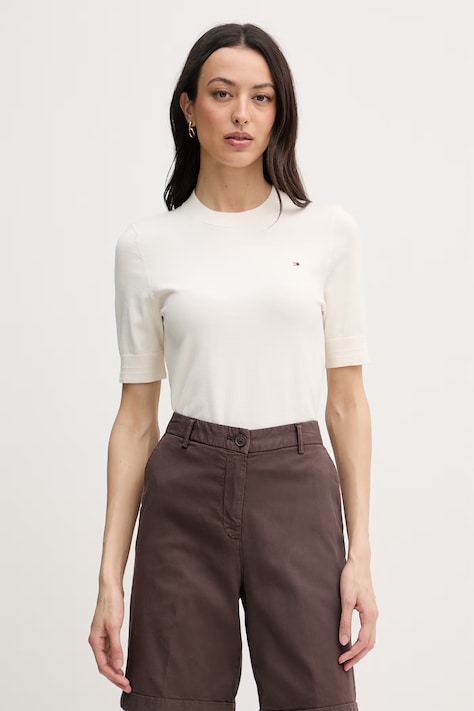 Tommy Hilfiger T-shirt swetrowy damski z bawełną beżowy WW0WW49705