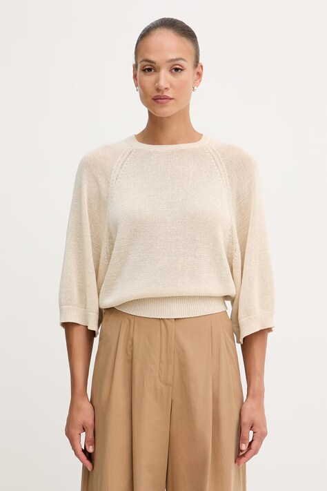 United Colors of Benetton sweter damski z dodatkiem lnu beżowy 1MMXD10H6