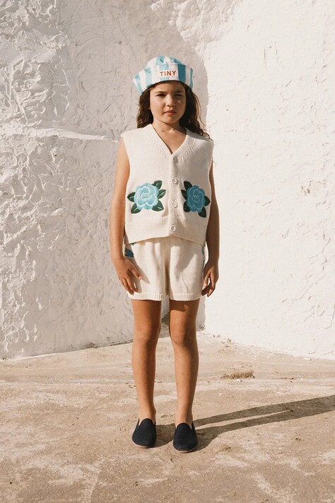 Tinycottons kamizelka bawełniana dziecięca FLOWERS KNITTED VEST kolor beżowy SS26-405